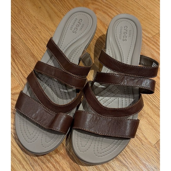 CROCS Shoes - Crocs Dual Comfort‎ Wedge Size 8 Leather Upper Brown 11  Open Strappy Sandals